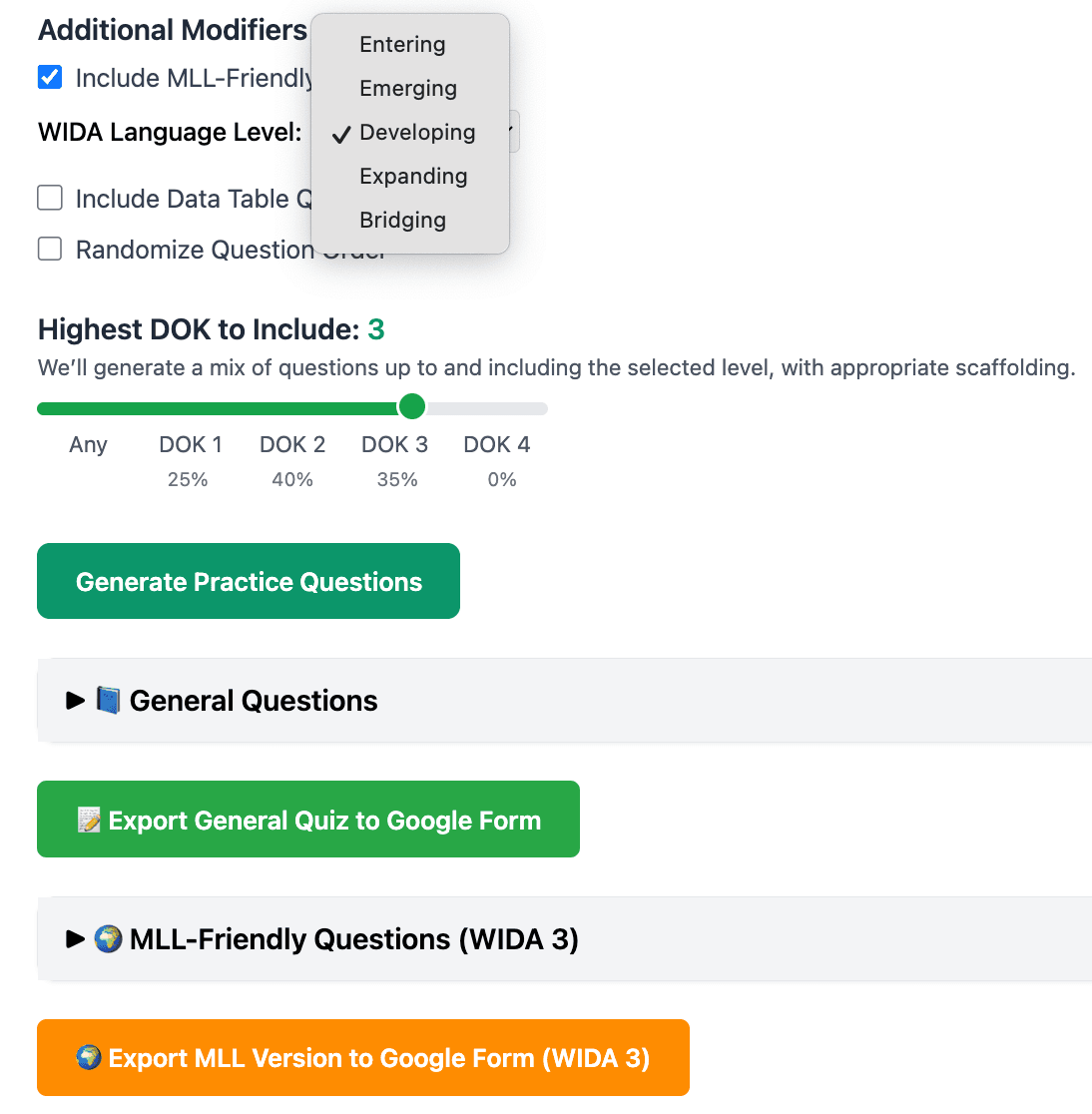 MLL question preview simplified for multilingual learners using WIDA toggle